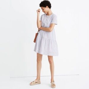 Madewell Striped Crewneck Button-Front Tiered Mini Dress
